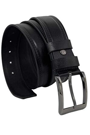4 cm.lik Spor Hakiki Deri Desenli Çift Dikişli Kot Kemer Siyah 