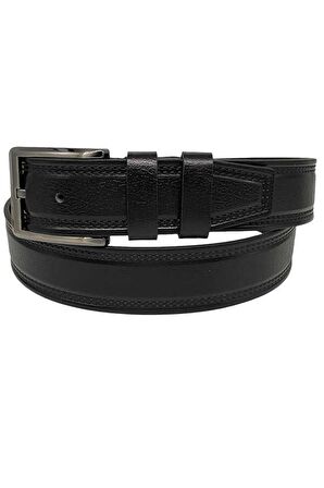 4 cm.lik Spor Hakiki Deri Desenli Çift Dikişli Kot Kemer Siyah 