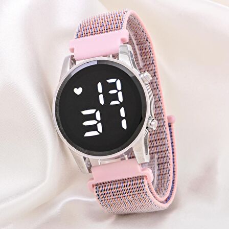 Pembe Renk Çelik Dijital Cırtlı Kanvas Kordon Led Kadın Kol Saati ST-304177