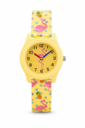 Flamingo Ve Ananas Desenli Kız Çocuk Kol Saati Sarı Rakamlı Saat ST-304427