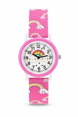 Kız Çocuk Pembe Silikon Kordon Analog Kol Saati Gökkuşağı Desenli ST-304430
