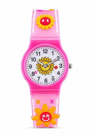 3D Kabartmalı Güneş Çiçek Kız Çocuk Saati Pembe ST-304444