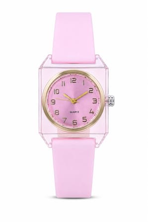 Kadın Kol Saati Pembe Silikon Kordon Şeffaf Kare Kasa Analog Kadran ST-304452