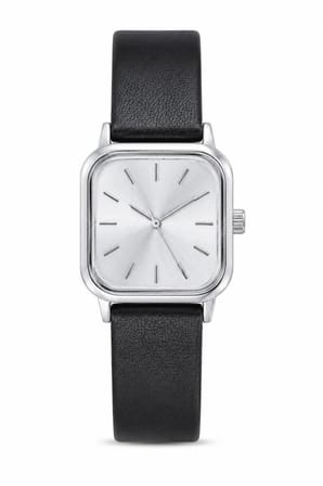 Kadın Kol Saati Siyah Deri Kordon Gümüş Kasa Kare Analog Kadran ST-304454