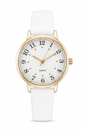 Kadın Kol Saati Beyaz Deri Kordon Sarı Kasa Beyaz Analog Kadran ST-304458