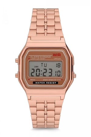 Rose Bakır Renk Retro Dijital Kadın Kol Saati Çelik Kordonlu Alarm ve Kronometre ST-304462