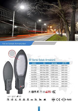 60W Led Yol Sokak Armatür DLS Park Bahçe Çevre Site Bina Dış Mekan Lamba Aydınlatma Ledli Sokak Armatürü