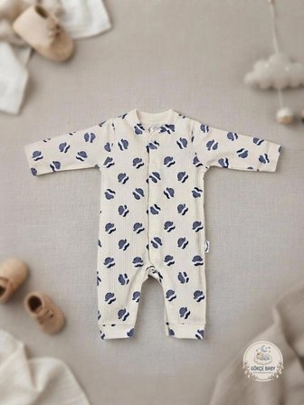 Gökçe Baby Erkek Bebek Şapka Baskılı, Önden Çıtçıtlı Uzun Kollu Tulum