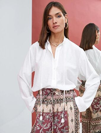 Uzun Kollu Gömlek Düğmeli Yakası Bağlama Detaylı 4wak60312uw