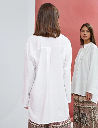 Uzun Kollu Gömlek Düğmeli Yakası Bağlama Detaylı 4wak60312uw