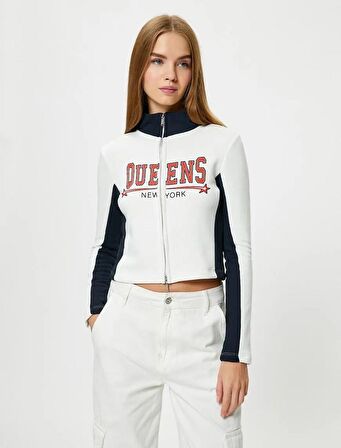 Kolej Fermuarlı Sweatshirt Dik Yaka Renk Bloklu 4WAL10458IK