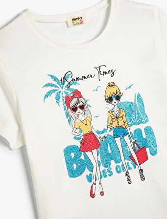 Kız Çocuk Baskılı Tişört Kısa Kollu Bisiklet Yaka Pamuklu - 4SKG10130AK