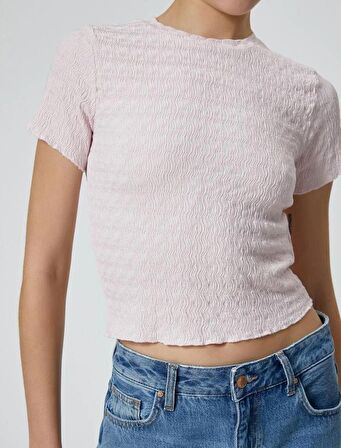 Dokulu Crop Tişört Kısa Kollu Bisiklet Yaka Slim Fit 4SAL10128IK