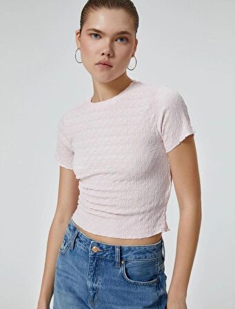 Dokulu Crop Tişört Kısa Kollu Bisiklet Yaka Slim Fit 4SAL10128IK