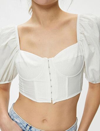 Crop Bluz Korse Detaylı Kopçalı Balon Kollu Kalp Yaka 4SAL60036IW
