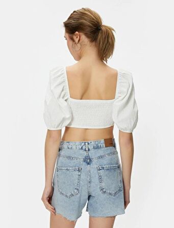 Crop Bluz Korse Detaylı Kopçalı Balon Kollu Kalp Yaka 4SAL60036IW
