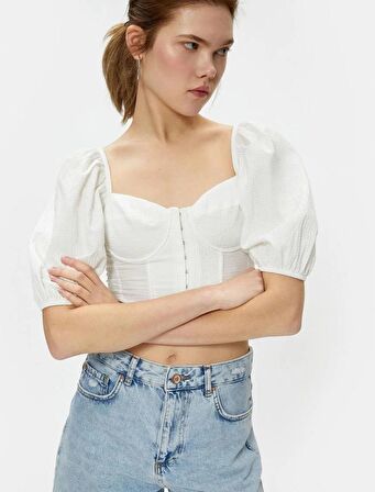 Crop Bluz Korse Detaylı Kopçalı Balon Kollu Kalp Yaka 4SAL60036IW