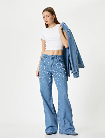Taşlı Kot Pantolon Geniş Paça Cepli Standart Bel  - 4SAL40181MD