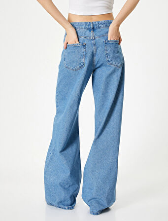 Taşlı Kot Pantolon Geniş Paça Cepli Standart Bel  - 4SAL40181MD