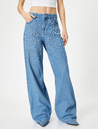 Taşlı Kot Pantolon Geniş Paça Cepli Standart Bel  - 4SAL40181MD