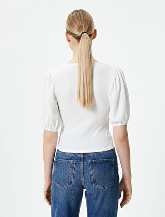 Balon Kollu Tişört V Yaka Bağlama Detaylı 4SAK50028EK