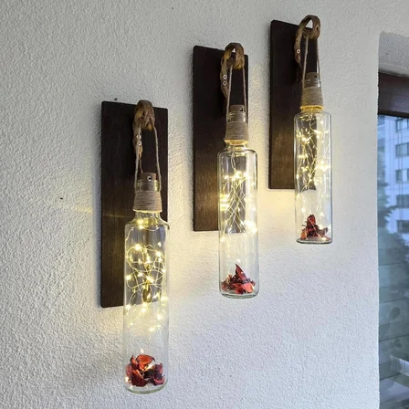 Led Işıklı, Ceviz Renkli Duvar Aplik, Üçlü Set
