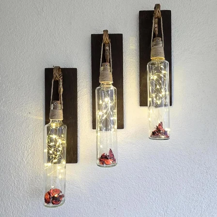 Led Işıklı, Ceviz Renkli Duvar Aplik, Üçlü Set