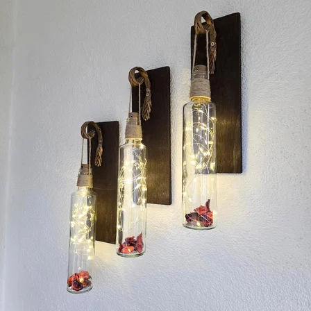 Led Işıklı, Ceviz Renkli Duvar Aplik, Üçlü Set