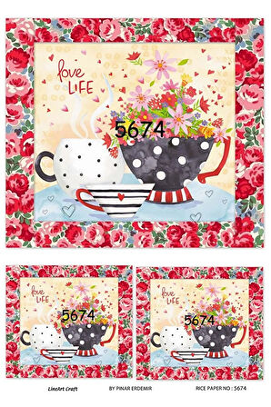 5674 Renkli, Puantiyeli, Çizgili Fincan, Çiçek Desenli Pirinç Dekopaj 30x42