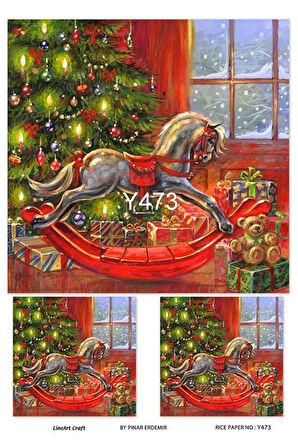 Y473 Atlı Karınca, Kırmızı, Çam Ağacı, Kar Desenli Pirinç Dekopaj 30x42