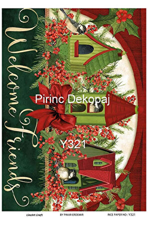 Y321 Welcome Friends, Kuşlar, Kuş Evleri, Kırmızı, Çiçek Desenli Pirinç Dekopaj 30x42