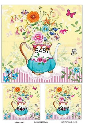 5457 Seramik, Çaydanlıkta Çiçekler Desen Pirinç Dekopaj 30x42