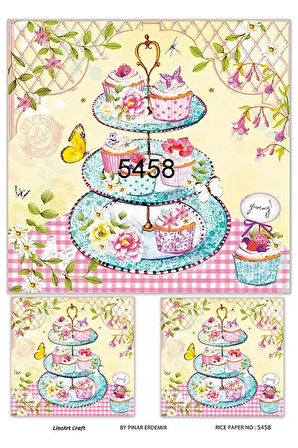5458 Cupcake Stand, Renkli Çiçekler Desen Pirinç Dekopaj 30x42