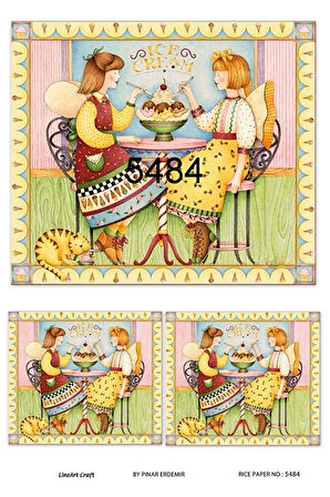 5484 Ice Cream, Dondurma Yiyen Kızlar, Pastane Desen Pirinç Dekopaj 30x42