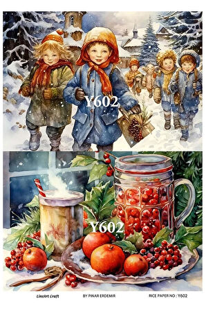 Y602 Kış, Kar Manzara, İçecek Desenli Pirinç Dekopaj 30x42