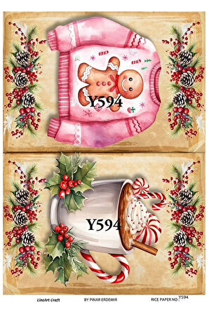 Y594 Kış, Fincan İçecek Desenli Pirinç Dekopaj 30x42