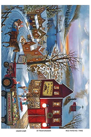 Y490 Kış Manzara, Kar, Çocuklar, Toy Shop Desenli Pirinç Dekopaj 30x42