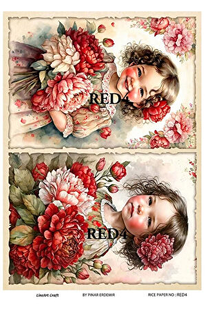 Red Serisi RED4 Kırmızı, Çiçek, Çocuk Desenli Pirinç Dekopaj 30x42