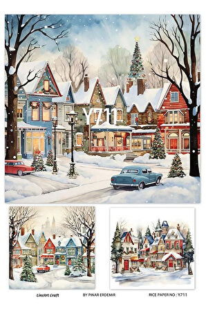 Y711 Kar Manzarası, Ev Desenli Pirinç Dekopaj 30x42