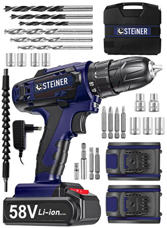 Steiner Alman V-tech 58 V 5 Ah Çelik Motor Çelik Şanzuman Darbeli Şarjlı Çift Akülü Vidalama Matkap