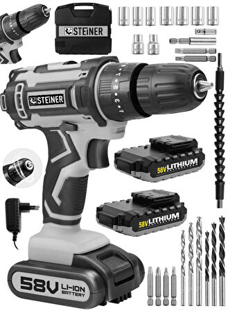 Steiner Germany Technology Highline 58 V 5 Ah Darbeli Bakır Sargılı Çift Akülü Vidalama Matkap Gri