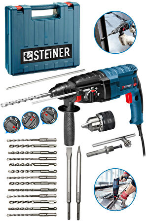 Steiner Alman 4000 Watt Profesyonel Kırıcı Delici Hilti Darbeli Matkap + 15 Adet Uç + Mandren