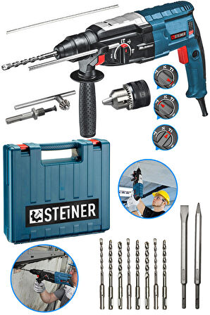 Steiner Alman 4000 Watt Profesyonel Kırıcı Delici Hilti Darbeli Matkap Gri + 10 Adet Uç + Mandren