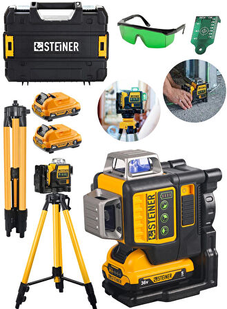 Steiner Alman 36 V 5 Ah Profesyonel Çift Akülü 12 Köşe 360° Otomatik Lazer Hizalama + Tripod Hediyeli