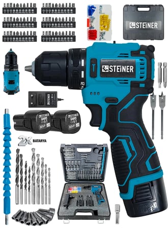 Steiner 88Vf Kömürsüz Darbeli Çift Akülü Şarjlı Matkap 60 Nm Tork Armut Batarya 84 Parça Set Mavi 