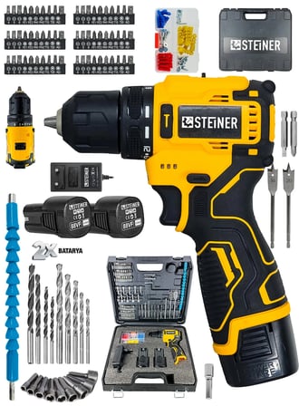 Steiner 88Vf Kömürsüz Darbeli Çift Akülü Şarjlı Matkap 60 Nm Tork Armut Batarya 84 Parça Set Sarı