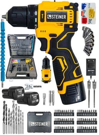 Steiner 88Vf Kömürsüz Darbeli Çift Akülü Şarjlı Matkap 60 Nm Tork Armut Batarya 84 Parça Set Sarı