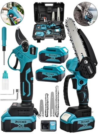 Steiner 18v Çift Akülü Çelik Şanzıman 35mm Dal Budama Makası & 15cm Budama Testeresi 2 Li Set Mavi