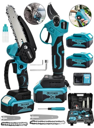 Steiner 18v Çift Akülü Çelik Şanzıman 35mm Dal Budama Makası & 15cm Budama Testeresi 2 Li Set Mavi