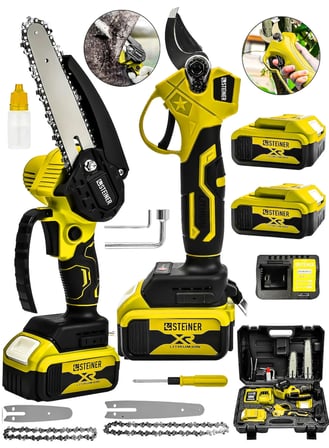 Steiner 18v Çift Akülü Çelik Şanzıman 35mm Dal Budama Makası & 15cm Budama Testeresi 2 Li Set Sarı